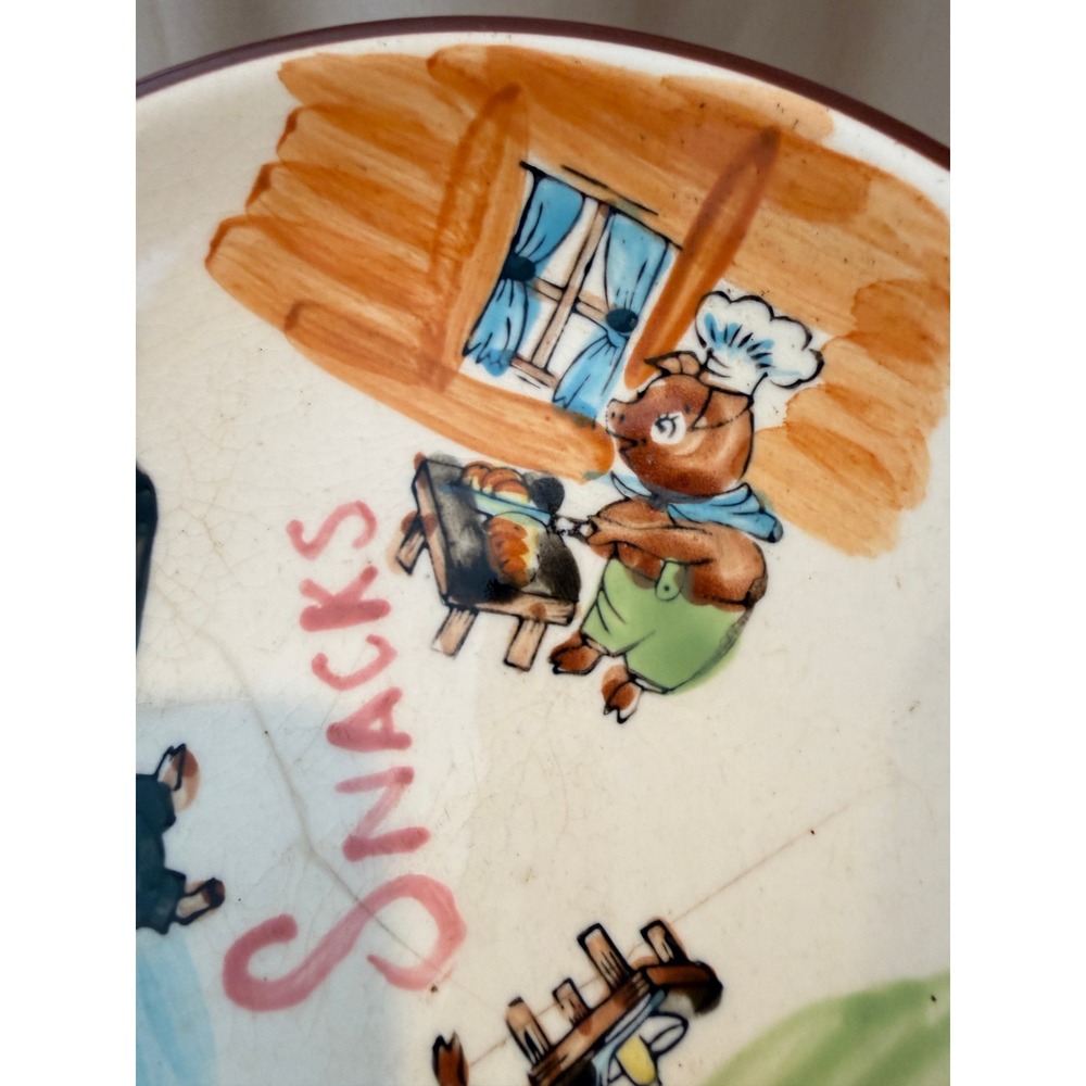 Vintage Hand Painted Three Little Pigs Chef Ceramic Snack Plate with Handle - Picture 3 of 10